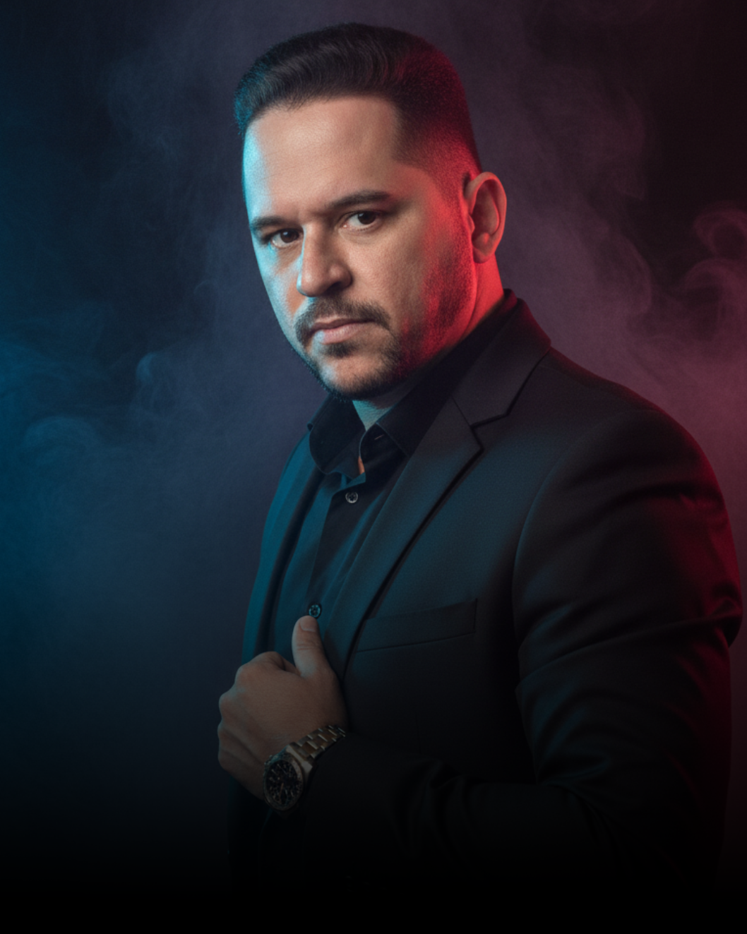 Retrato premium de Darlan Lara com iluminação azul e vermelha